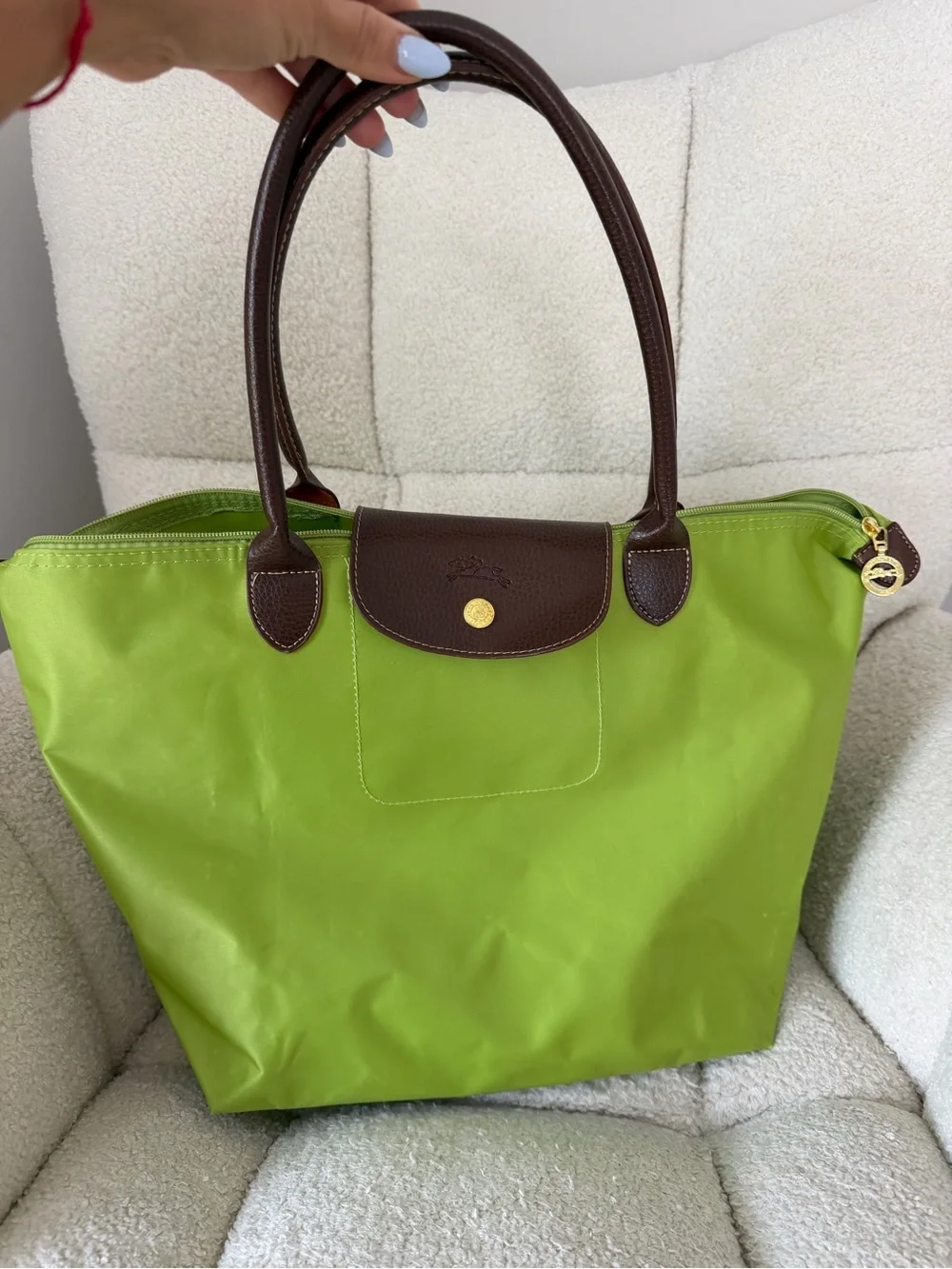 Longchamp Lime Green Nylon Tote with Brown Leather Handles